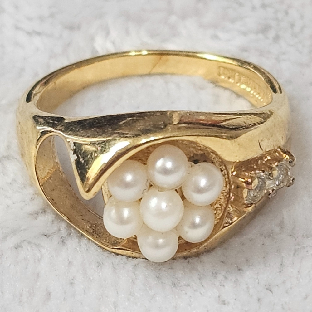 Lindenwold 14k HGE Lind Ring Gold Plated Faux Pearl Cluster Rhinestone
